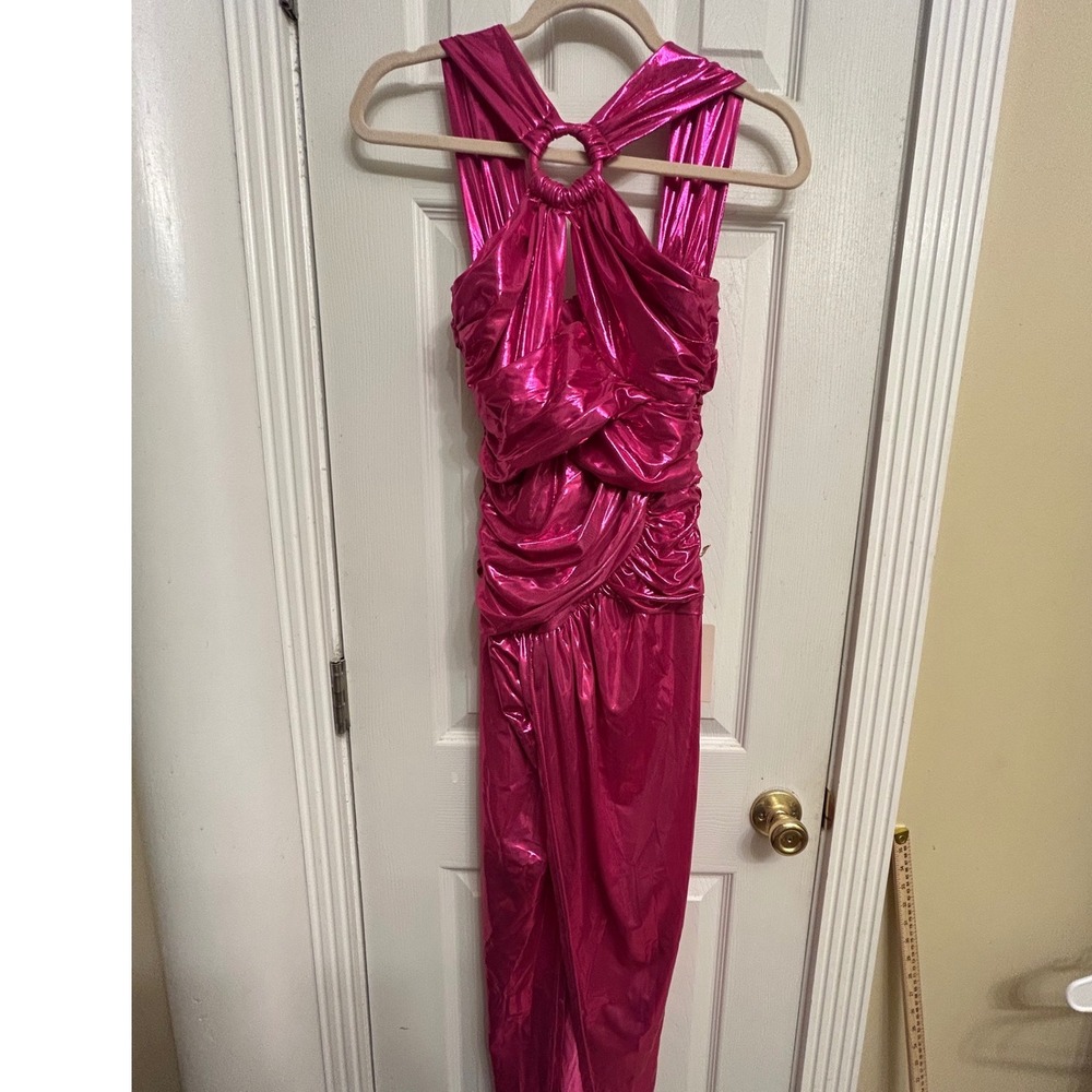 Fuchsia Pink Metallic Ruched Halter O-Ring Maxi Dress RVD4884 Small NEW